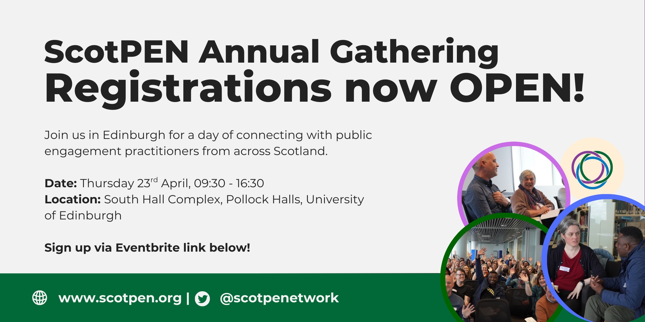 Poster announcing ScotPEN Annual Gathering registration open, with date, location in Edinburgh, and photos of people engaging at events.